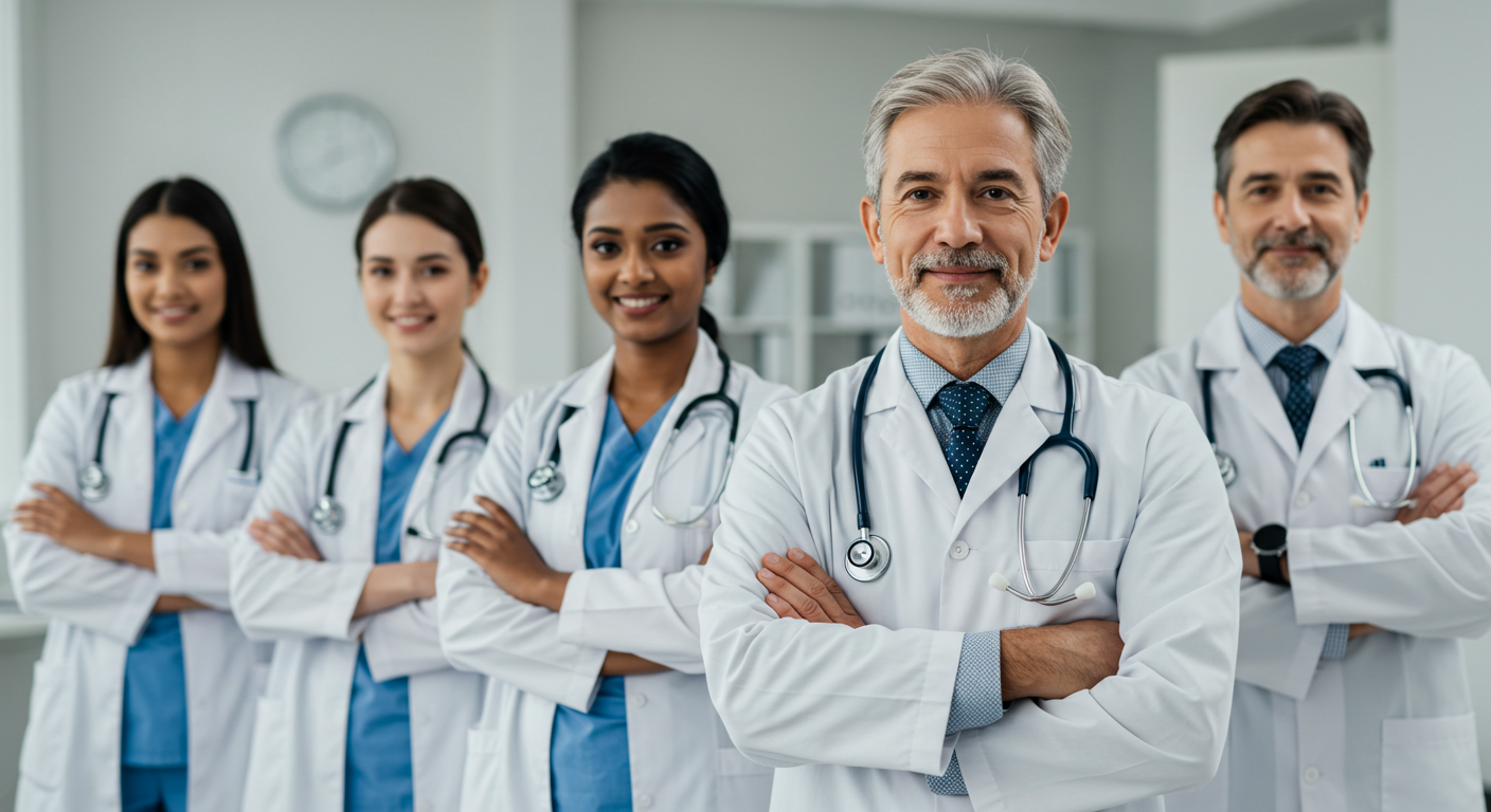 A team of doctors with their arms folded
