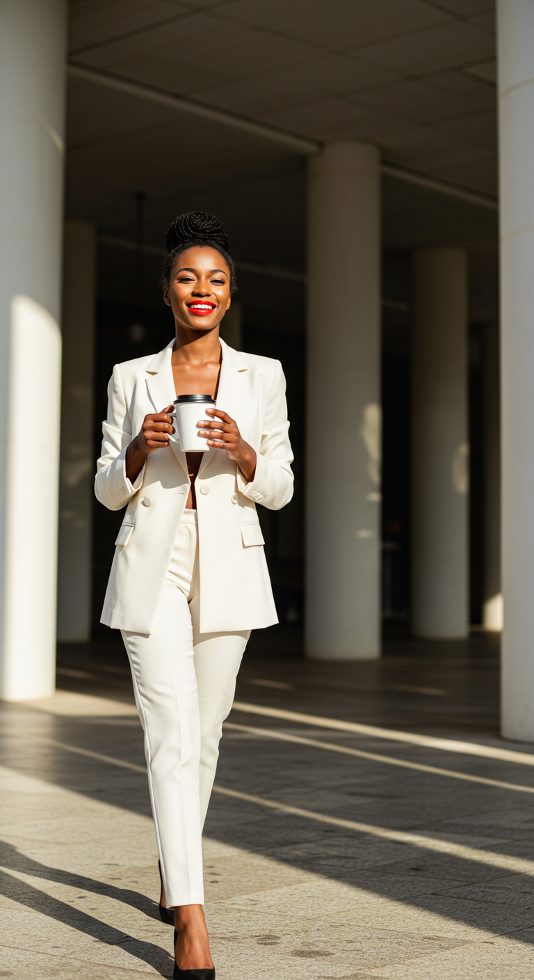 A black lady dressed in a white suit walking with a cup of coffee #3