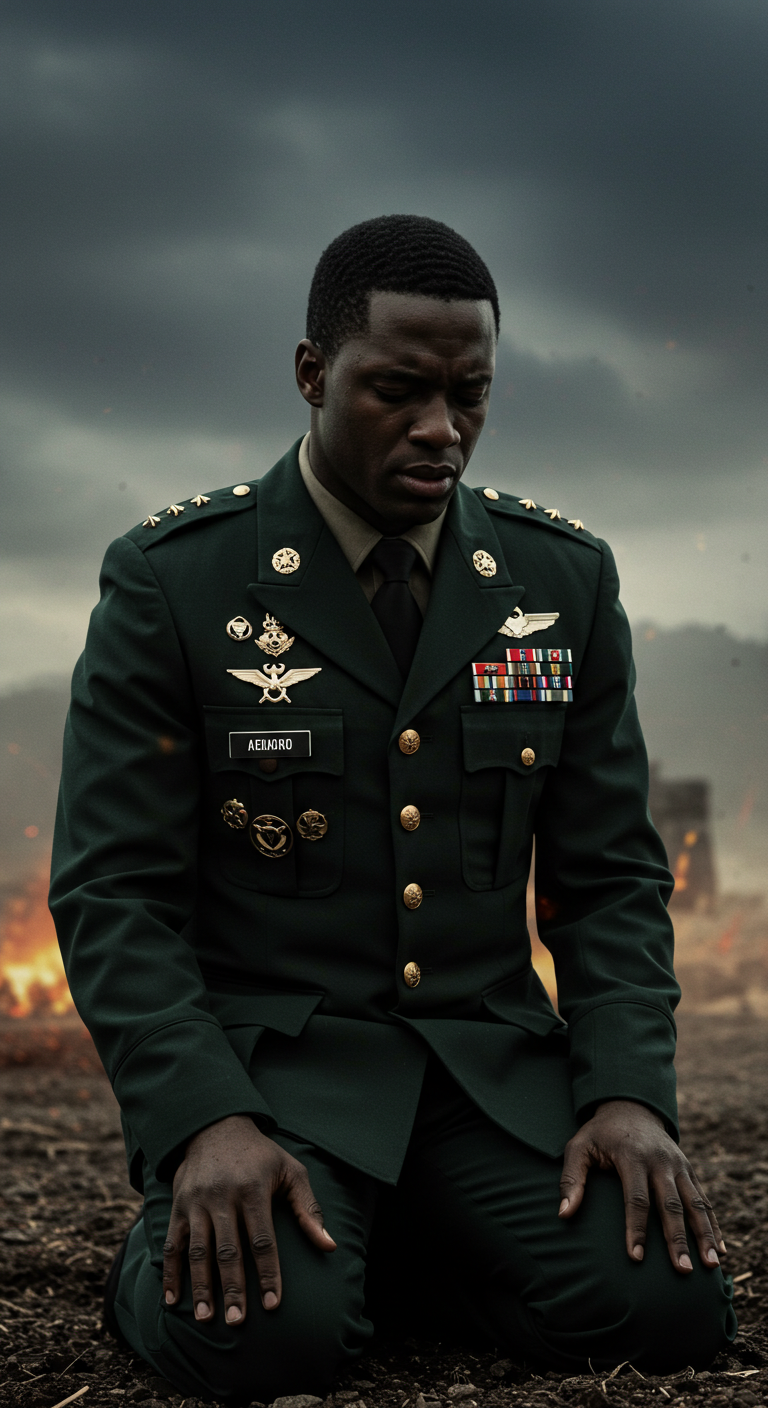 A black military man on his knees and praying