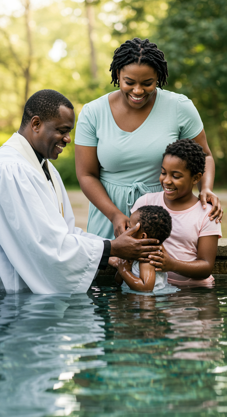 A black Pastor baptizing a black child in water, with parents #1