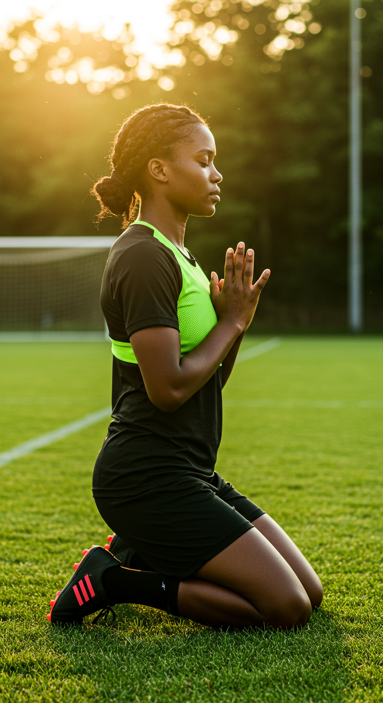 Side view of a black sportswoman on her knees praying