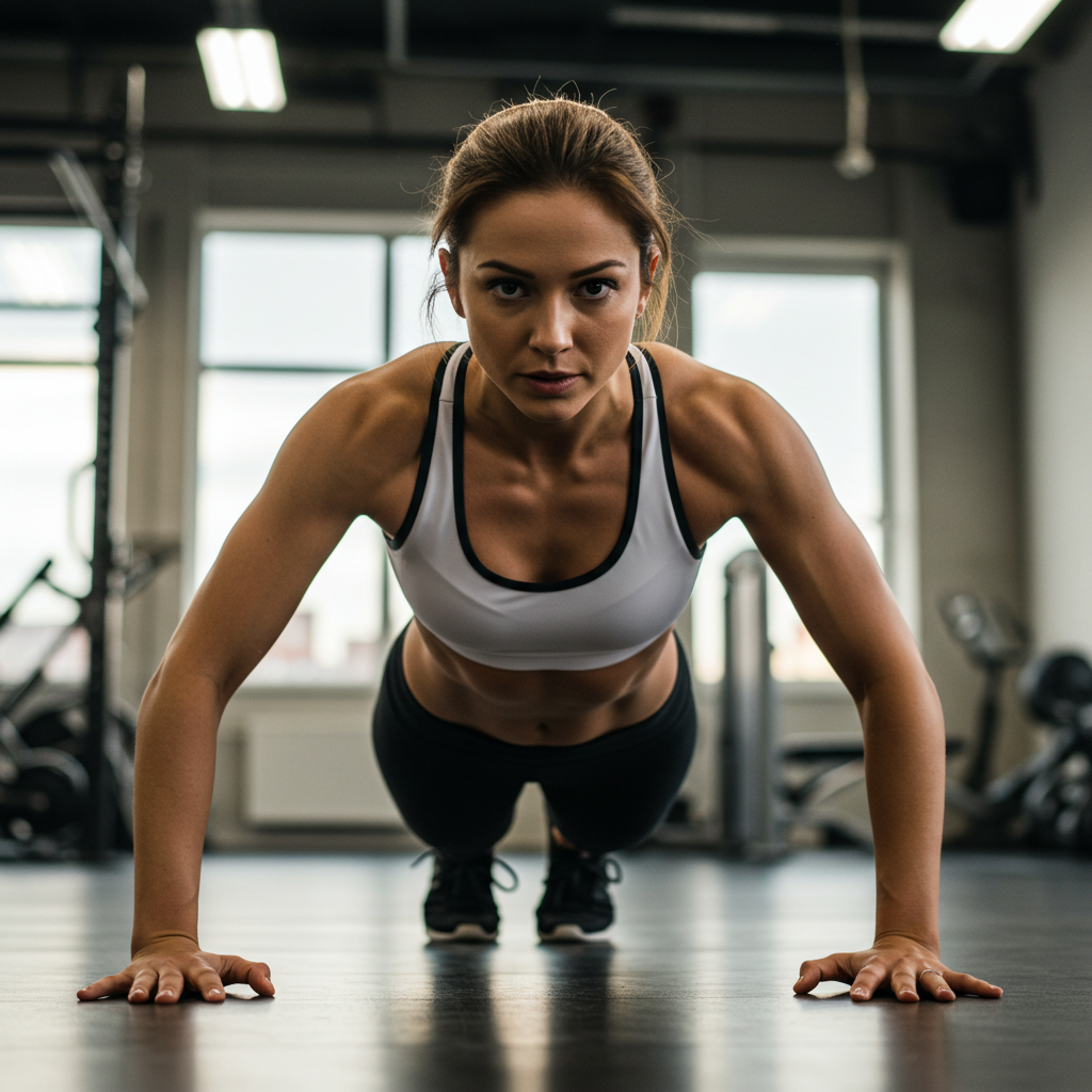 A white woman in a white top doing push-ups at the gym