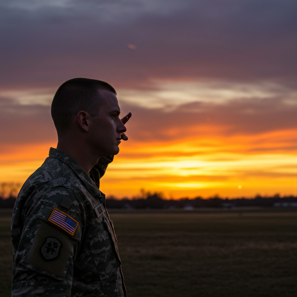 a soldier saluting with sunset in background #2