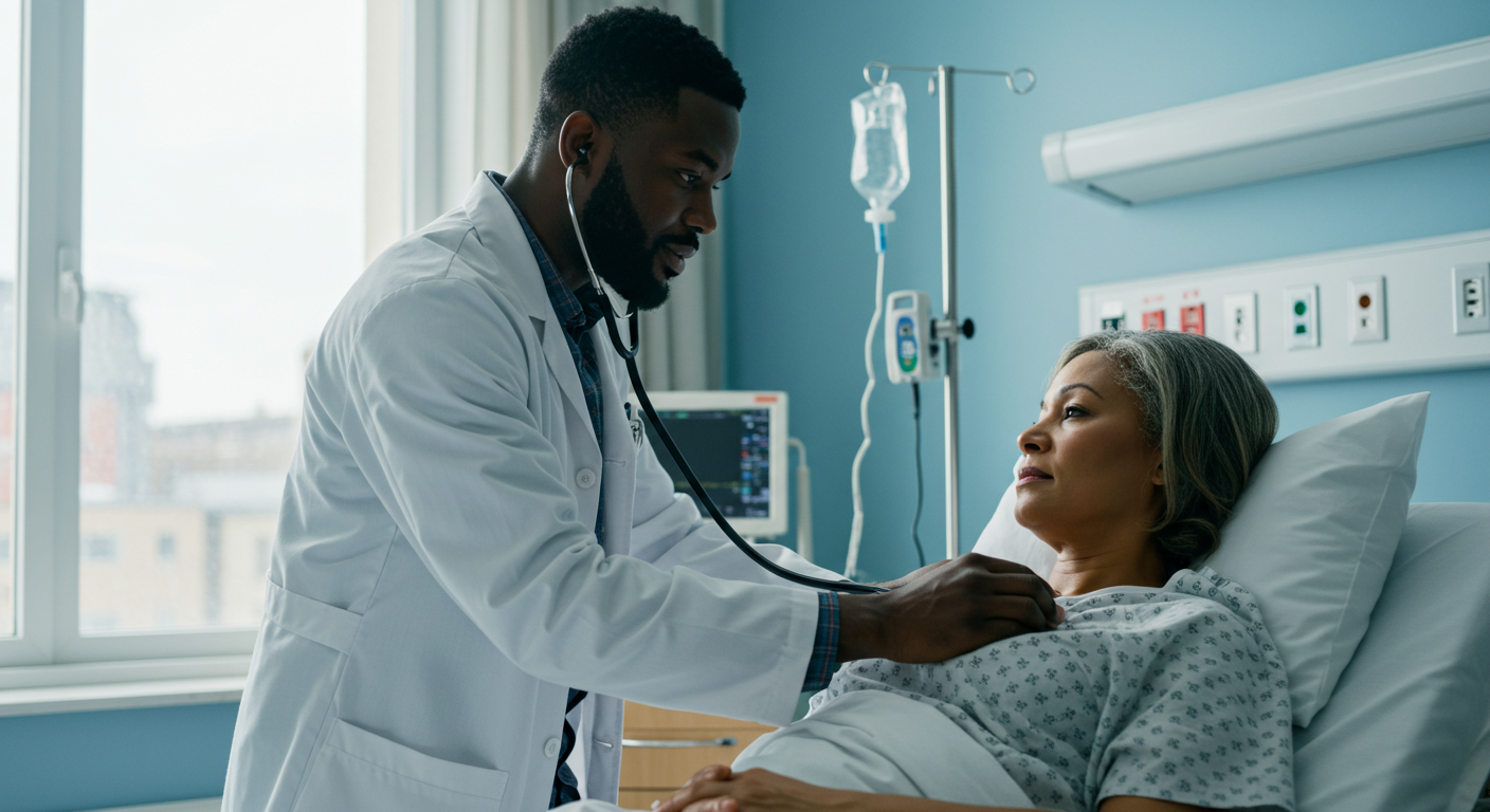 A black doctor and a patient in a hospital bed