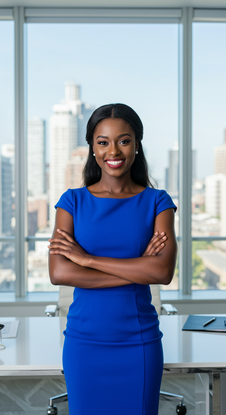 A beautiful black lady in a blue attire, standing in her office with her arms folded and smiling