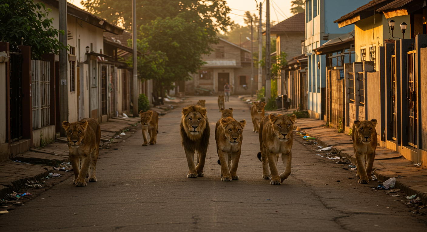 Lions on a quiet street in Ghana