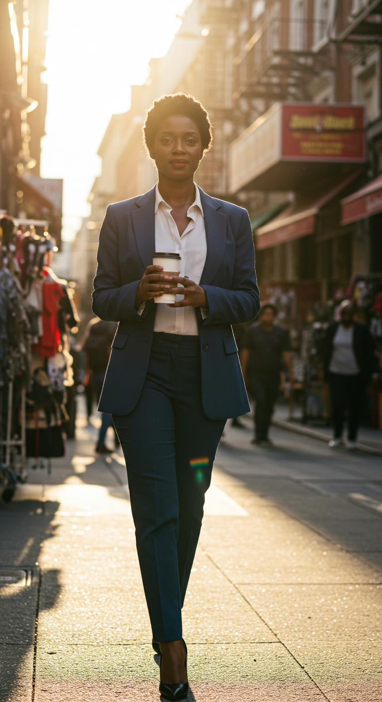 A black lady dressed in a suit walking on the street with a cup of coffee