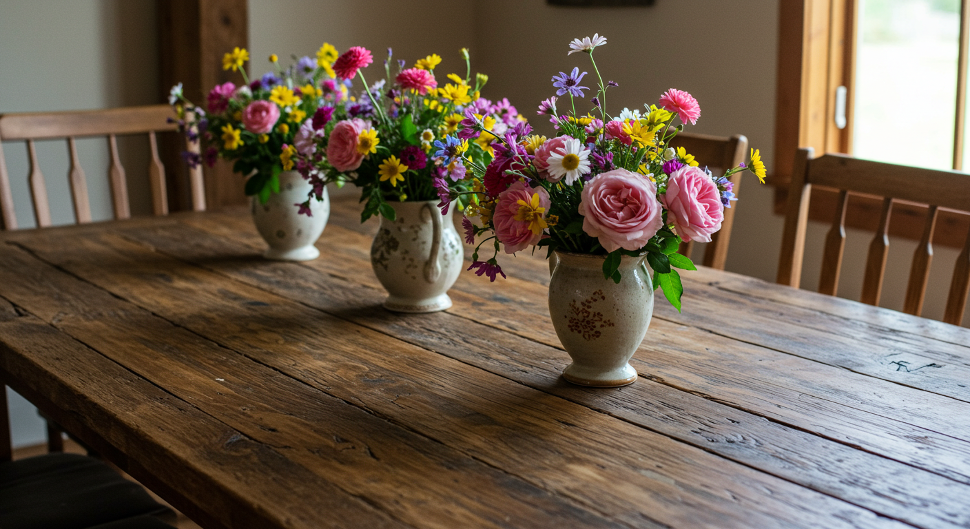 Rustic wooden dining table set with fresh flowers #3