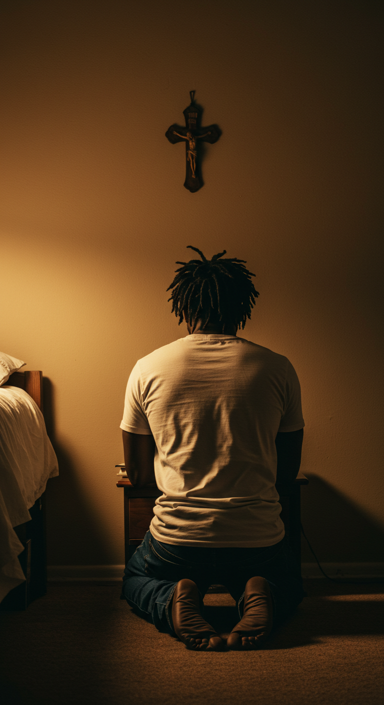 back view of a black person on their knees praying in their room #2