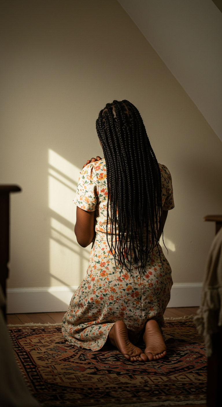 back view of a black person on their knees praying in their room #4