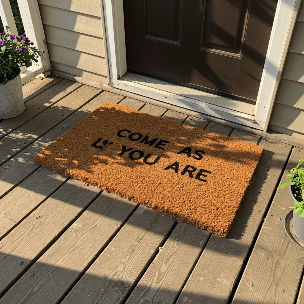 A doormat on a porch. the doormat says "come as you are" #1