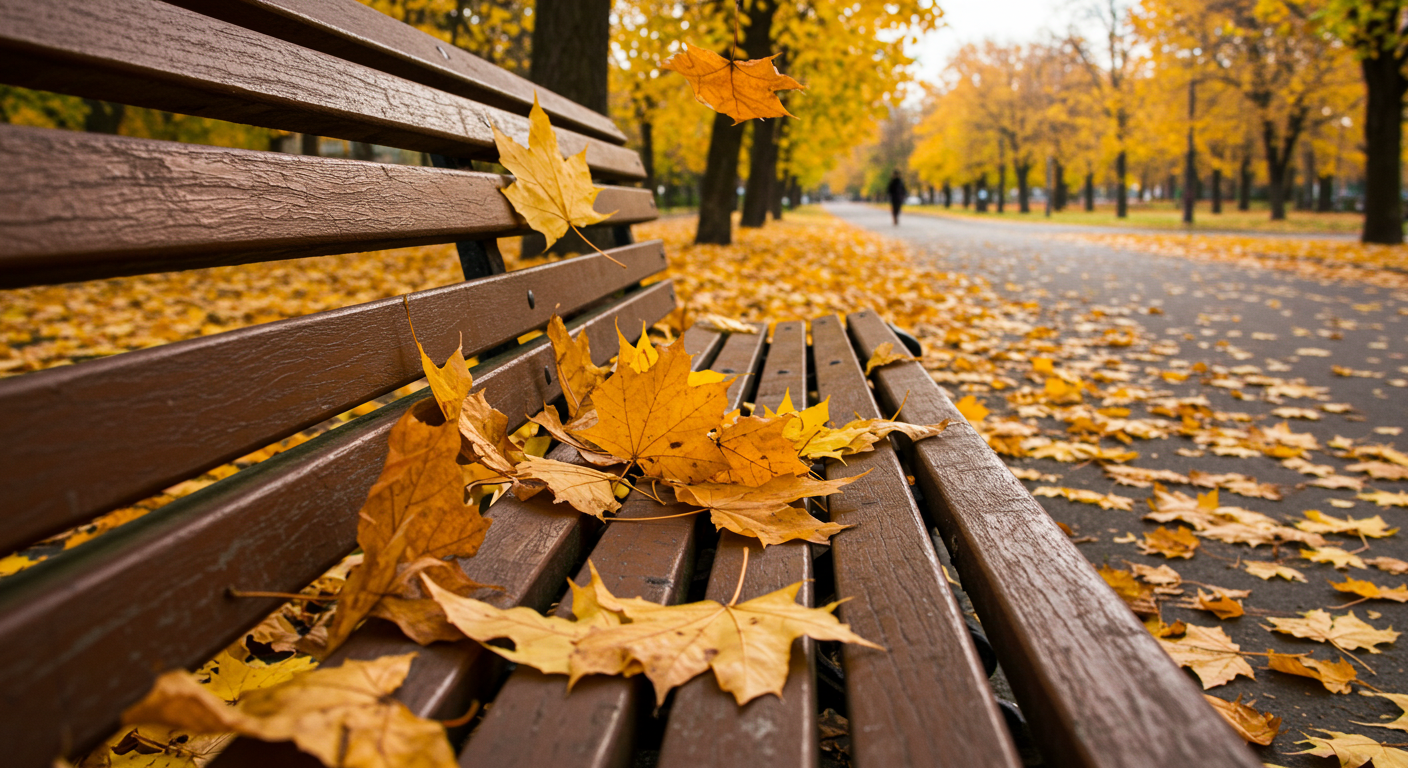 Golden autumn leaves falling on a park bench #4