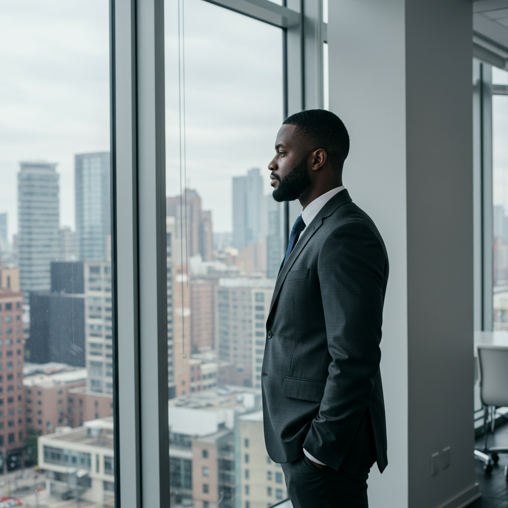 Side view of a black business man standing in his office looking down his window