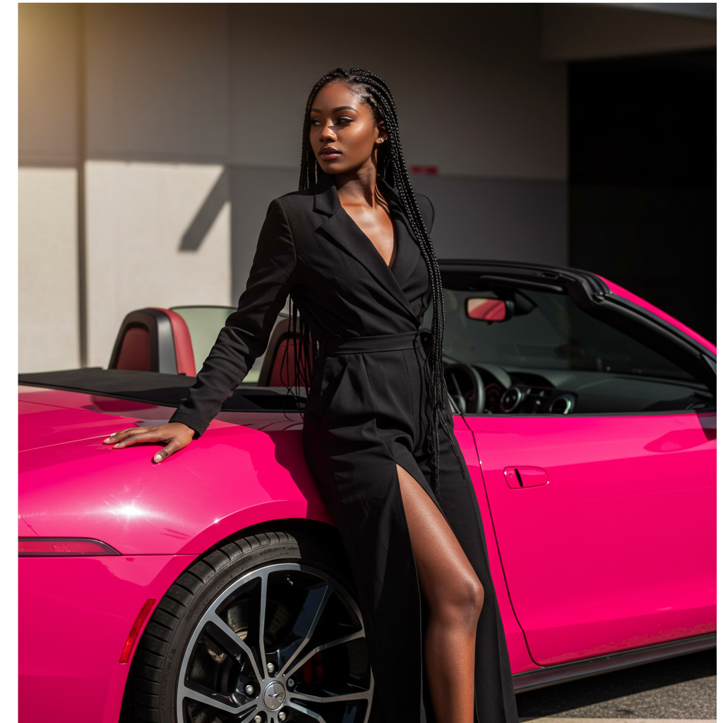 A photo of a black fashion lady standing by her pink car