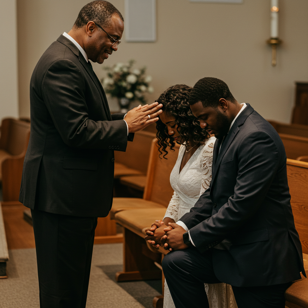 A Black Pastor praying for a young couple on their knees #3