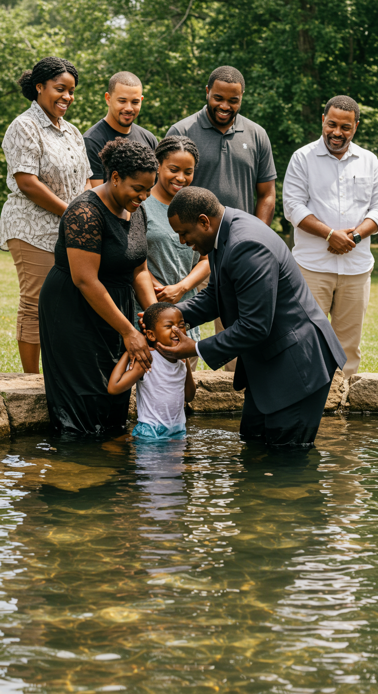 A black Pastor baptizing a black child in water, with parents #4