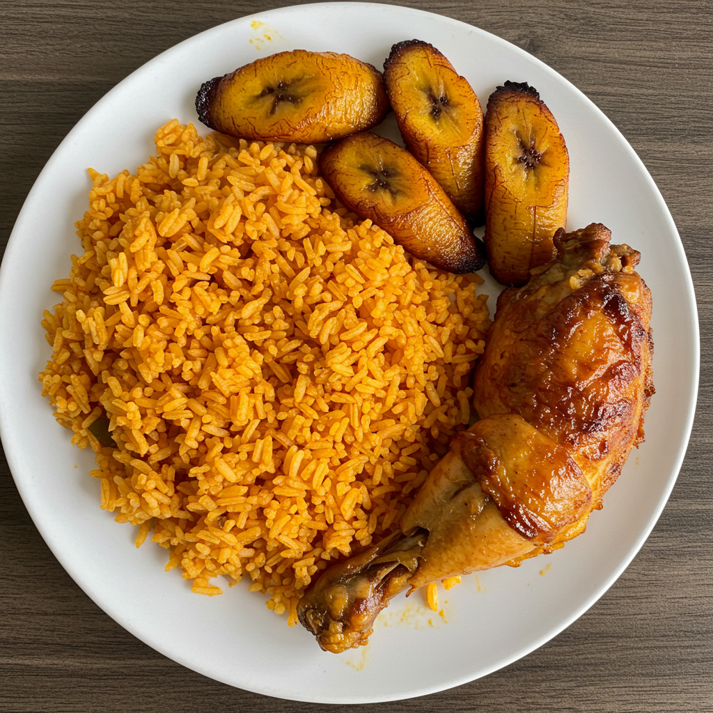 Top-down shot of jollof rice, plantain, and chicken