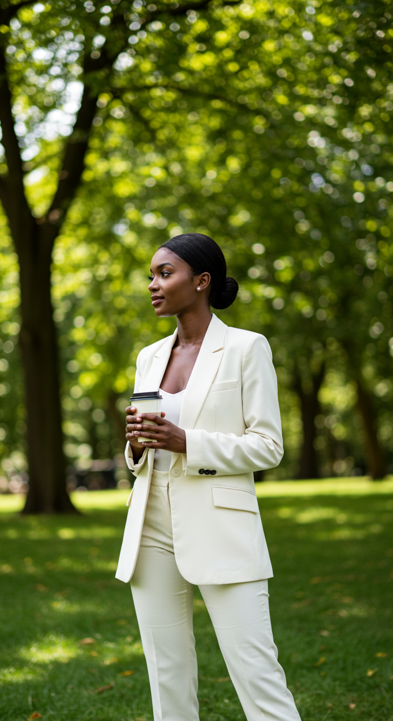 A black lady dressed in a white suit with a cup of coffee