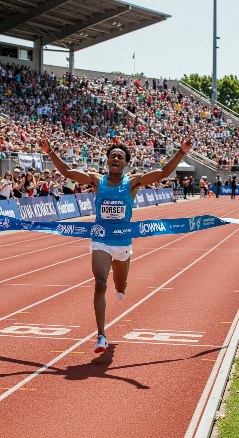 Male athlete crossing the finish line with arms raised in victory.
