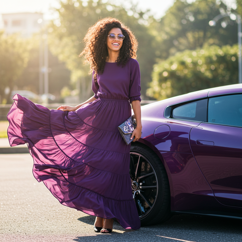 A fashion lady in purple standing by her purple car