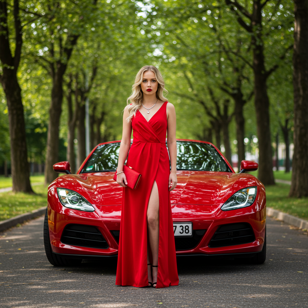 A fashion lady in red standing by her red car
