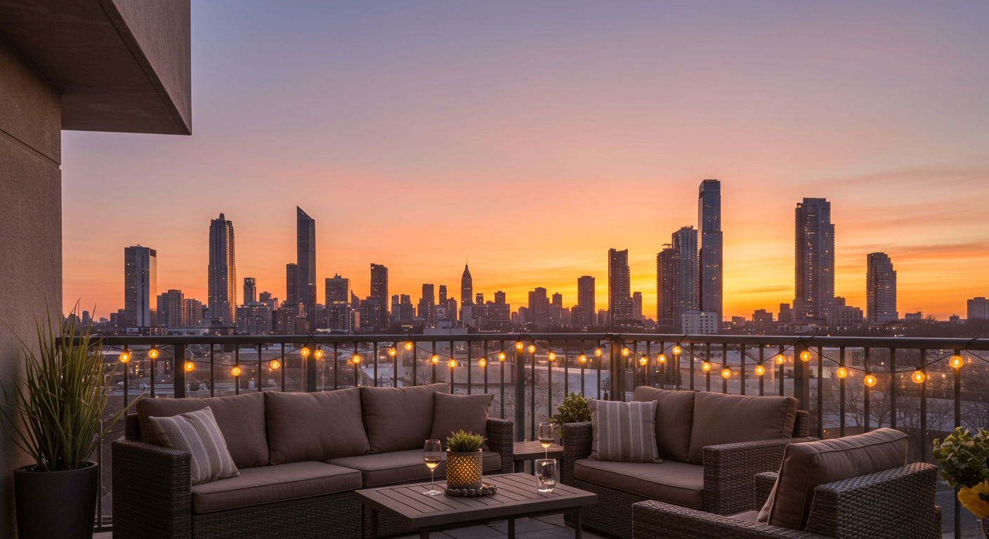 Balcony with outdoor seating, string lights, and city skyline view at sunset #3