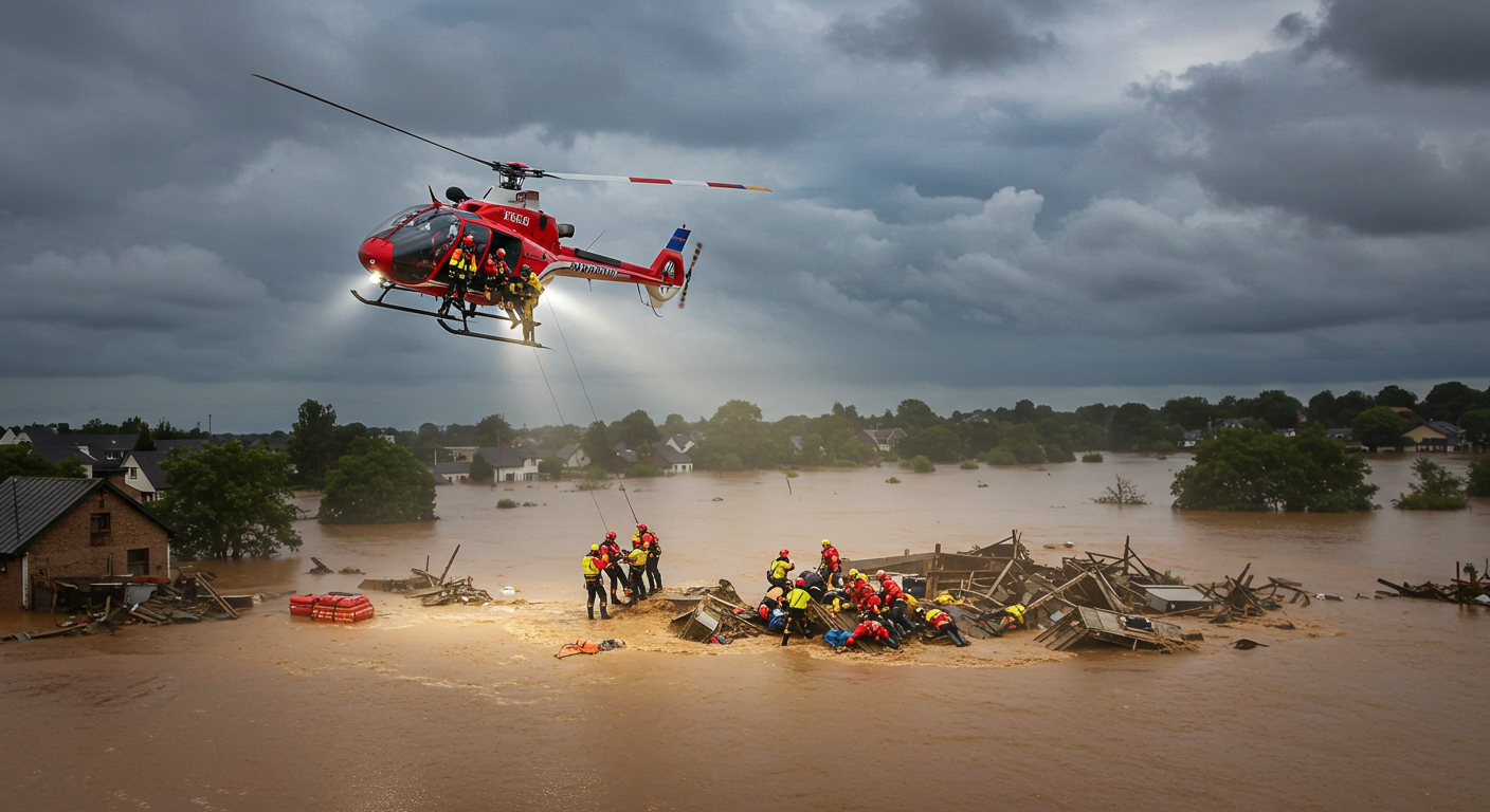 Helicopter rescue team saving stranded people from a flood