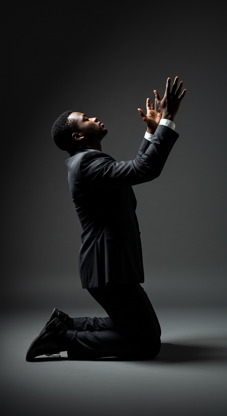 Side view of a black business man on his knees with his hands up and praying