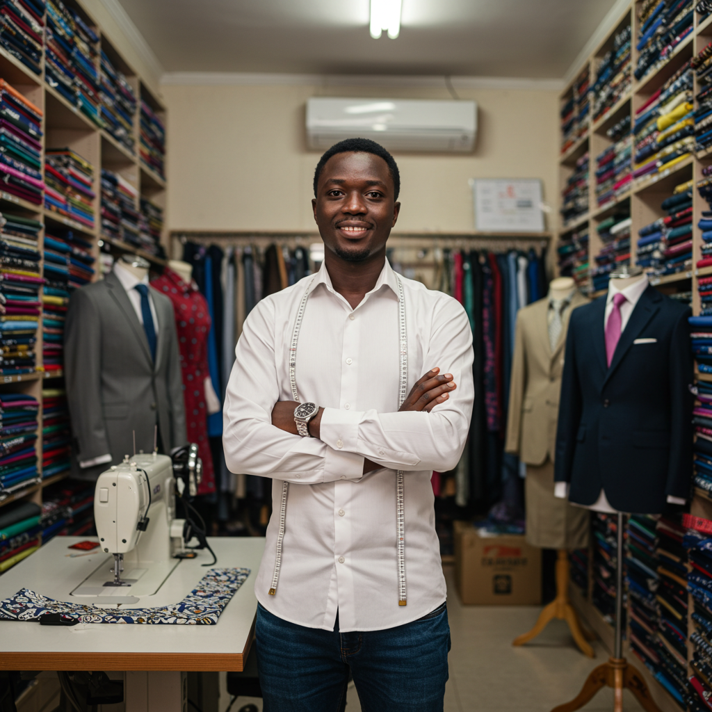 A nice young African man standing in his tailoring shop with his arms folded and smiling