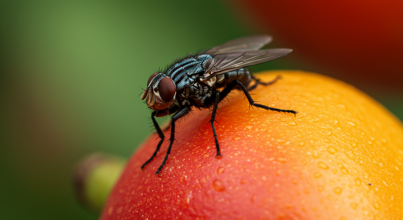 A housefly on a mango fruit