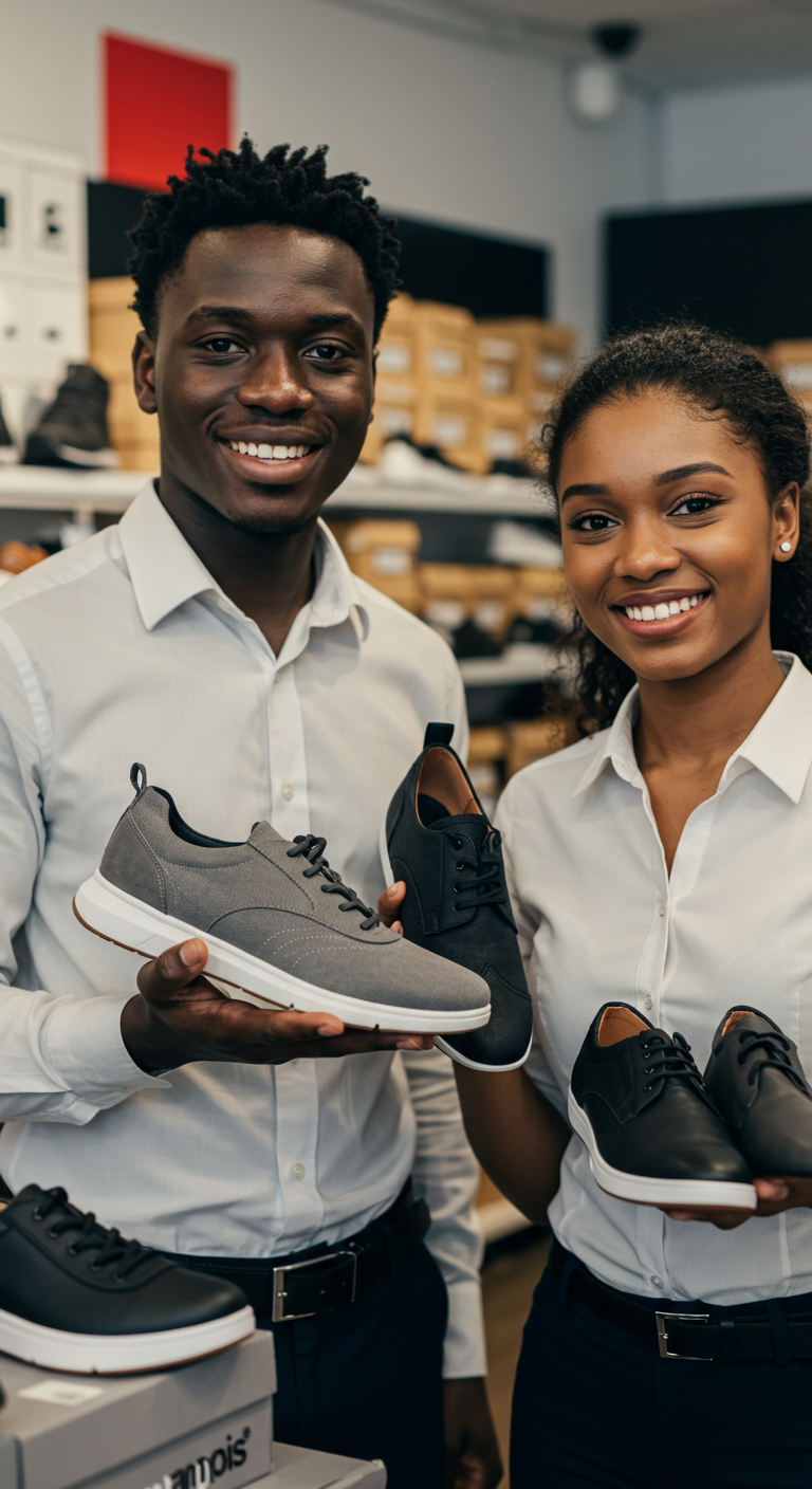 A close-up of a young black man and woman working in a shoe shop and smiling