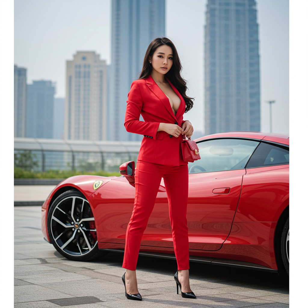 A sexy Asian model in a red suit standing by her red car #4