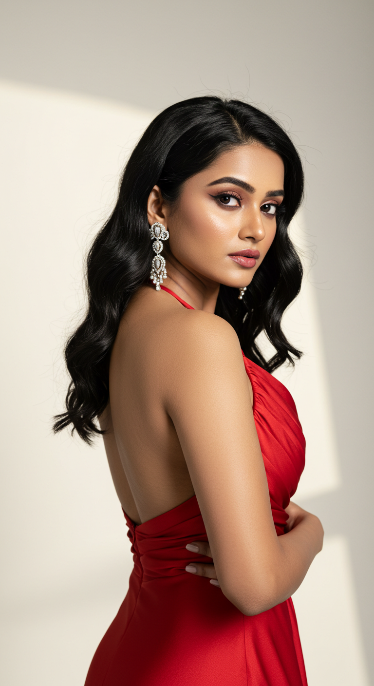 A sexy Indian model in a red dress