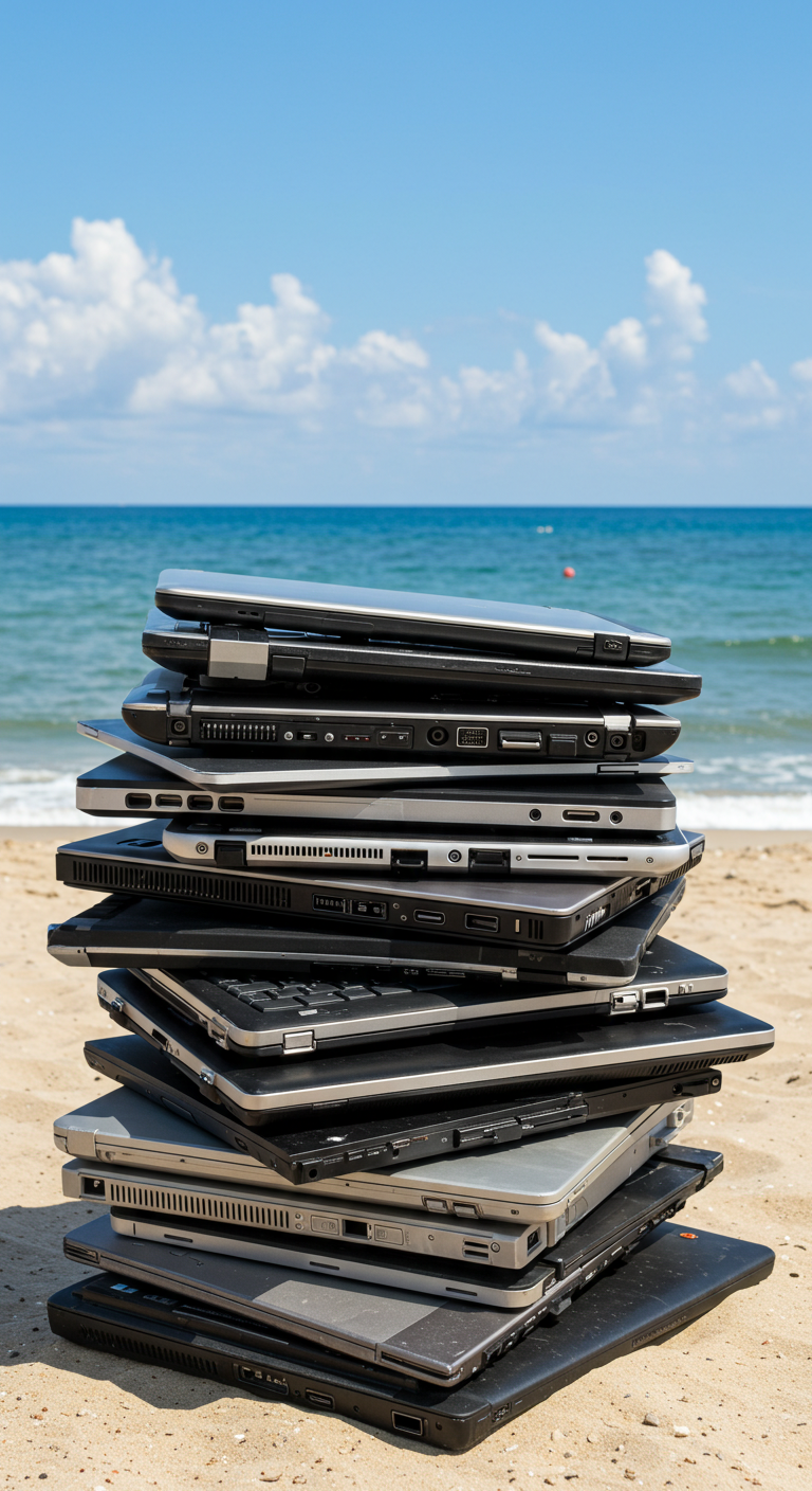 A stack of laptops at the beach