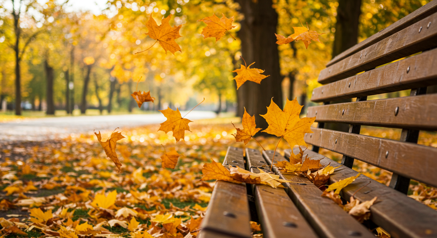 Golden autumn leaves falling on a park bench #2