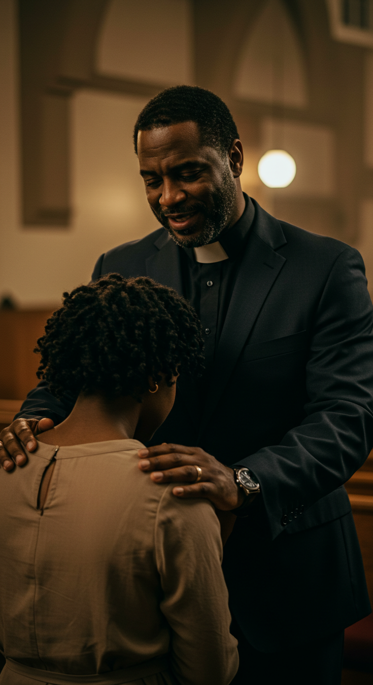 A Black Pastor praying for a young woman on her knees #3