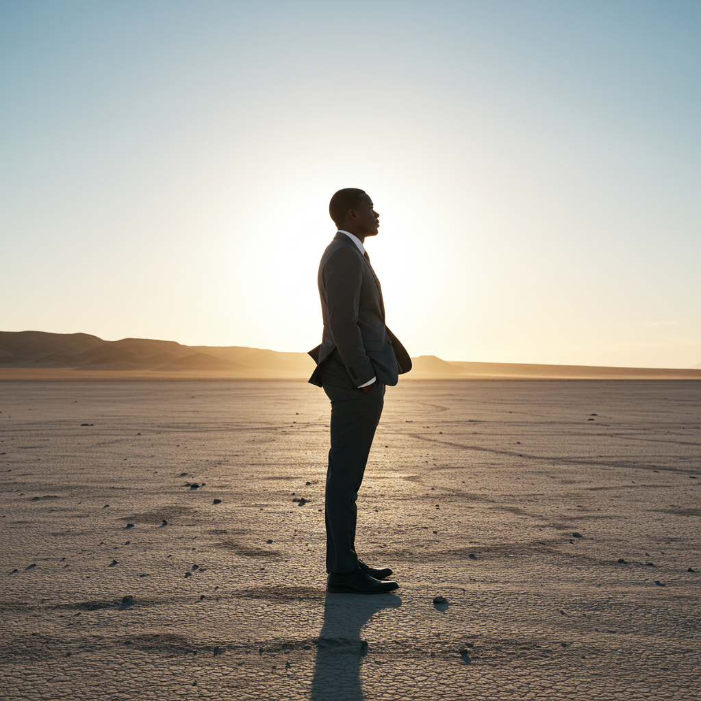 Side view of a black business man standing in the middle of nowhere