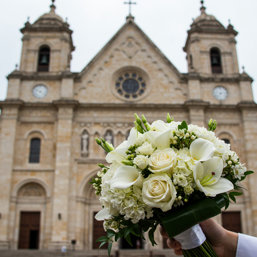 A white wedding bouquet in front of a church #3