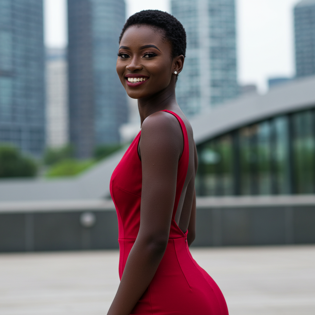 A sexy African model in a red dress