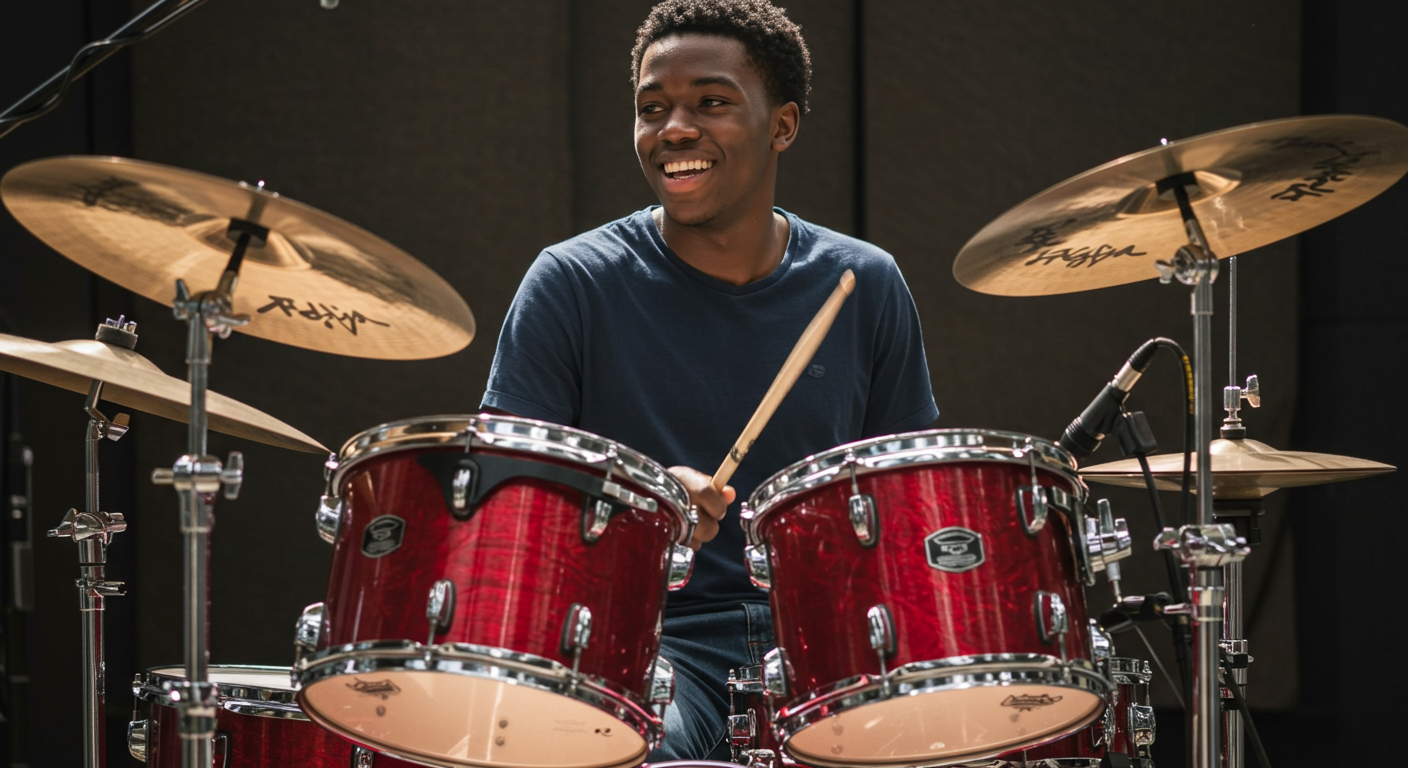 A young black man playing drums #2