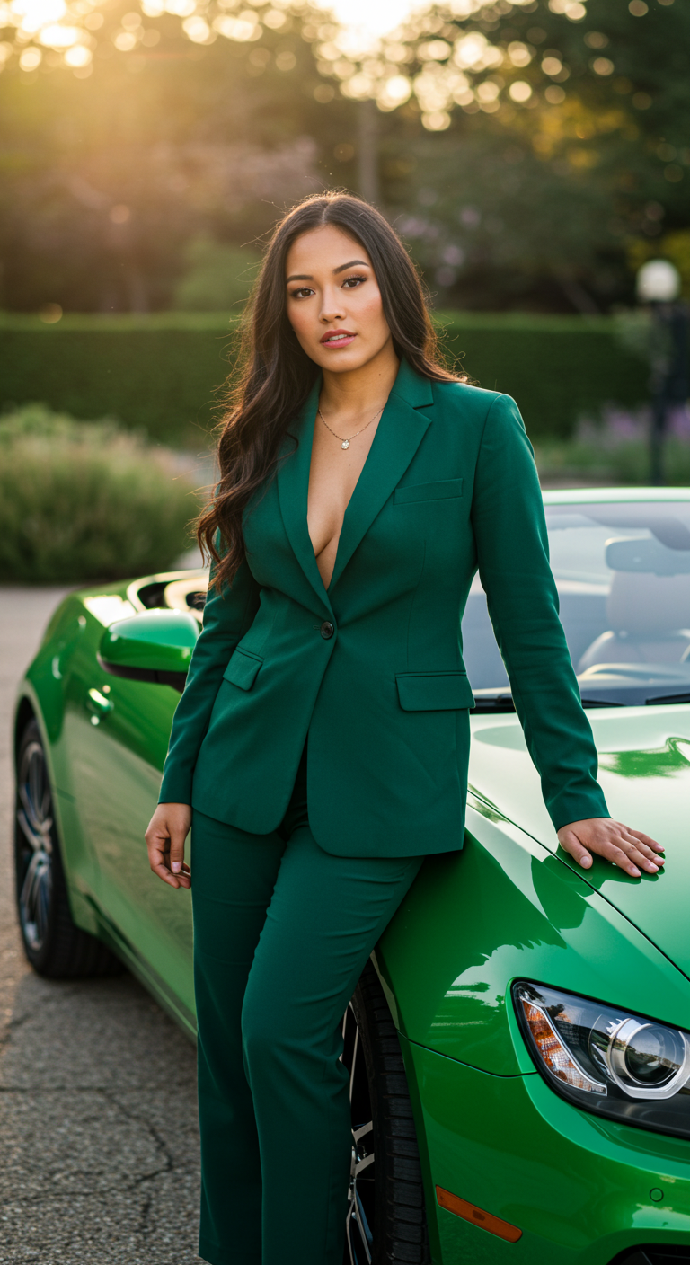 A sexy model in a green suit standing by her green car #1