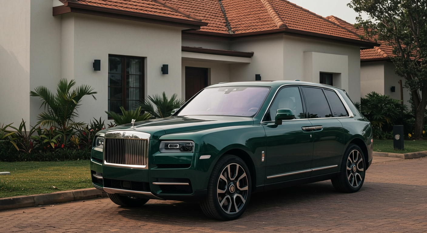 A new green Rolls Royce car parked in front a house in Africa #3