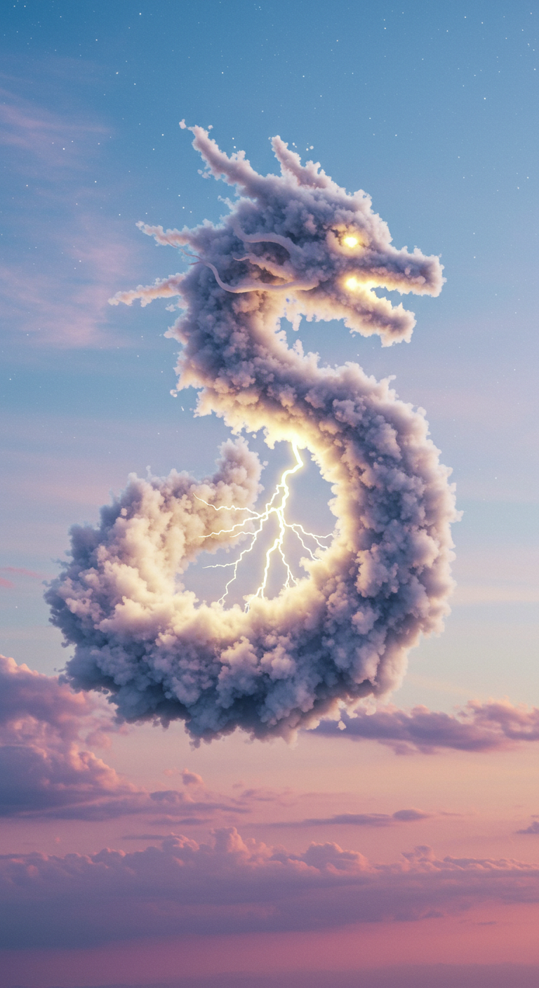 3D render of a sentient cloud shaped like a dragon, lightning glowing in its belly