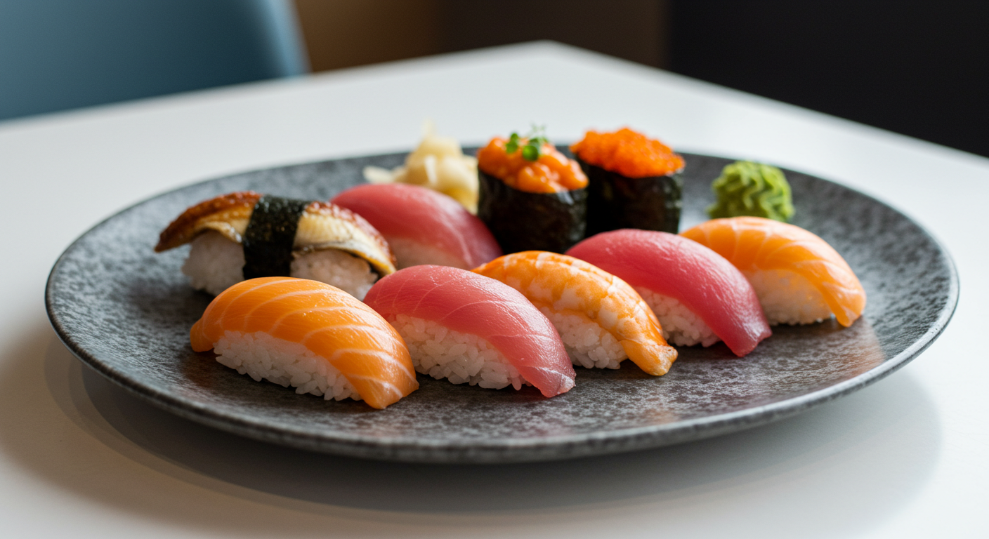 A vibrant plate of sushi beautifully arranged