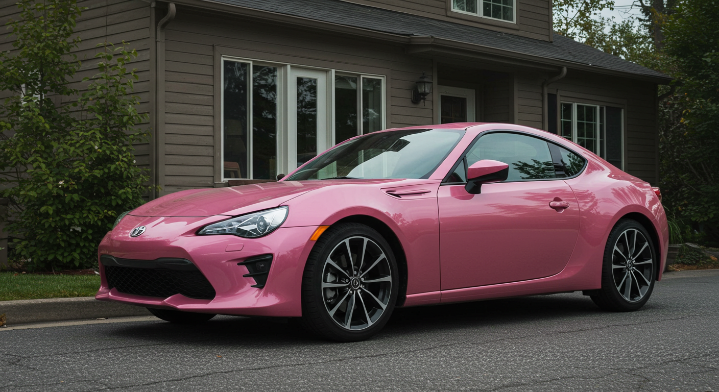 A new pink Toyota sports car parked in front a house #3