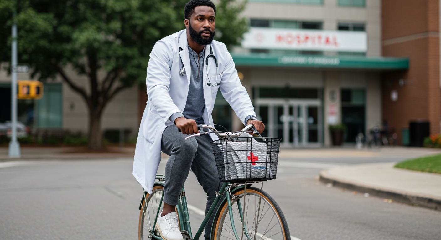 A black doctor riding a bike to the hospital #4