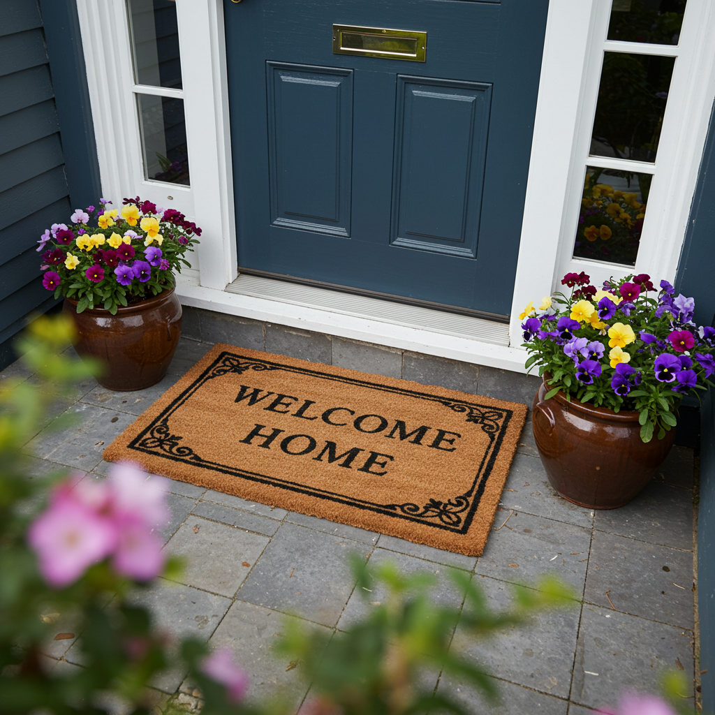 Doormat at the entrance of a home with the text ‘Welcome Home’ and flower pots beside it #5