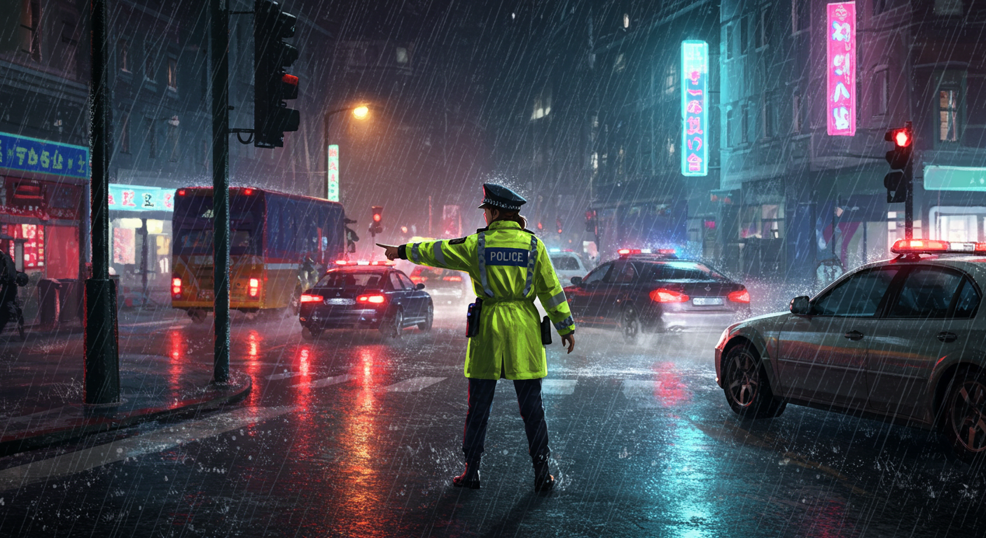 Policewoman directing traffic during a heavy rainstorm #5
