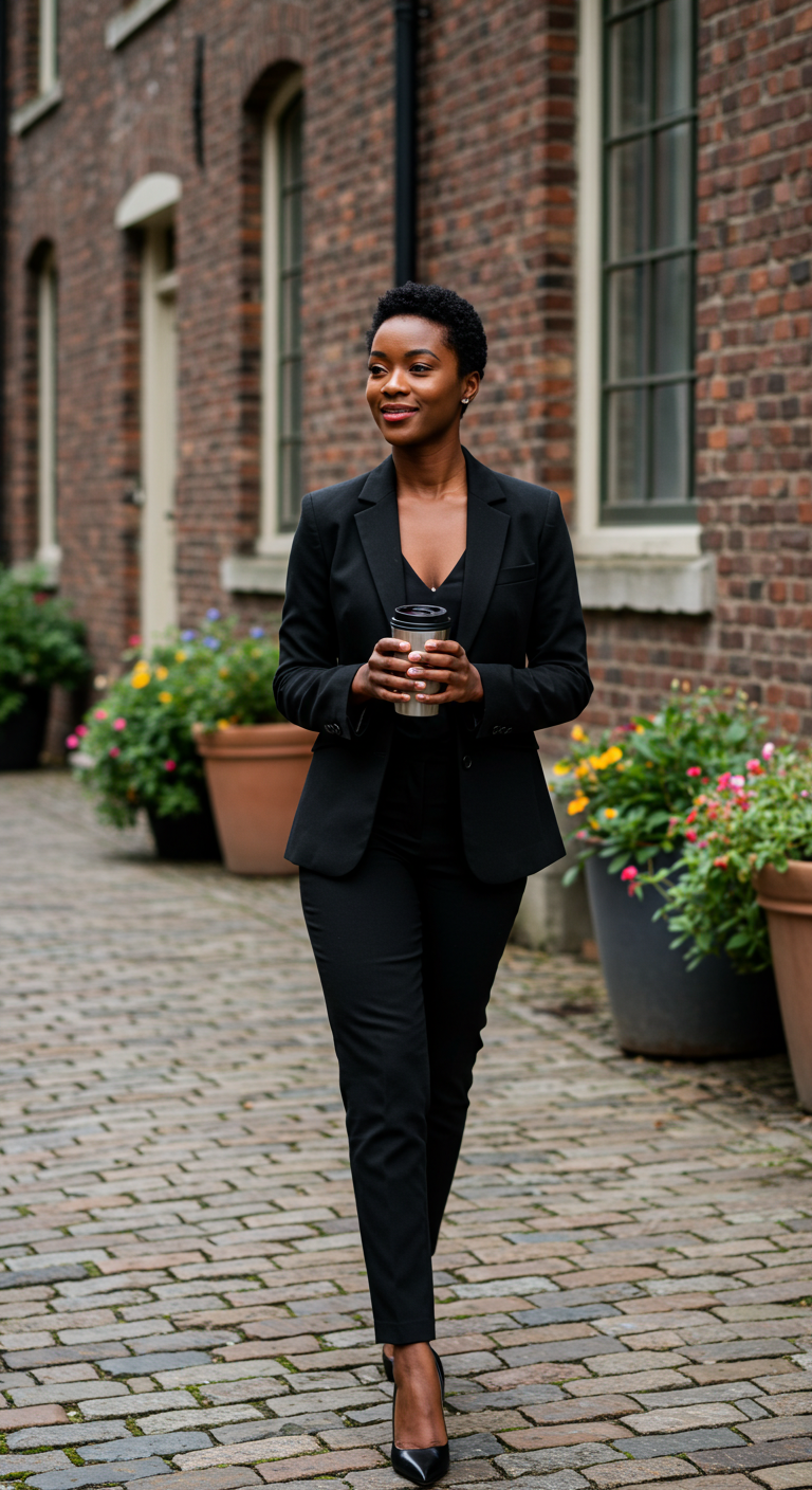 A black lady dressed in a suit walking with a cup of coffee