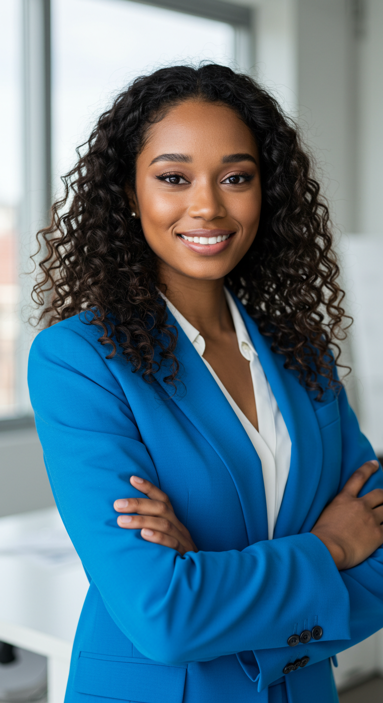 A pretty black woman with beautiful hair, wearing a blue attire with her arms folded #1